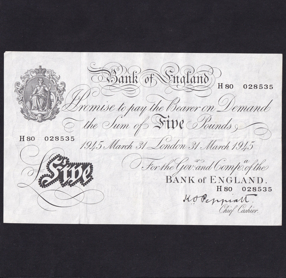 Bank of England (B255) Peppiatt, £5, 31st March 1945, H80 028535, thick paper, Fine/ VF