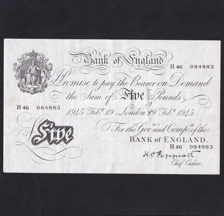 Bank of England (B255) Peppiatt, £5, 19th February 1945, H46 084883, thick paper, Fine/VF