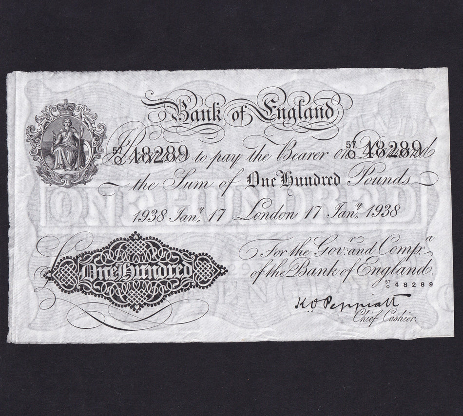 Bank of England (B245) Peppiatt, £100, 17th January 1938, 570 48289, 127 notes recorded, Genuine VF