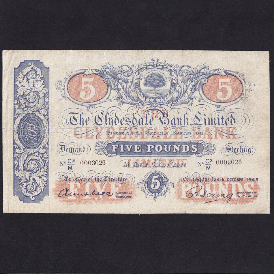 Scotland (P186) Clydesdale Bank Limited, £5, 24th October 1945, C3/M 0003026, horribly pressed, VG