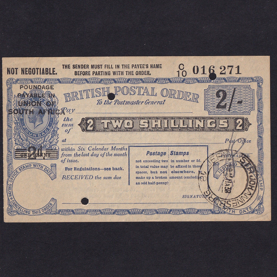 South Africa, 2/- Pence Postal Order, 1938, KGV, no. C10 016 271, VF