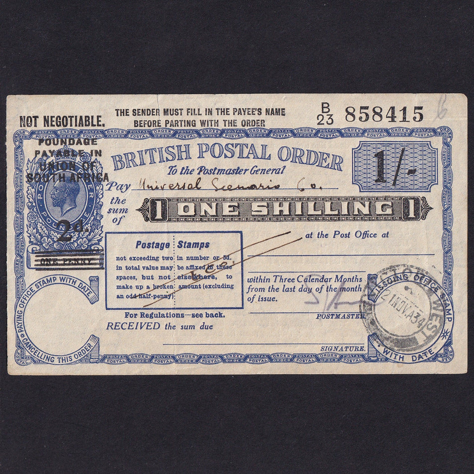 South Africa, 1/- Pence Postal Order, 1934, KGV, no. B23 858415, VF