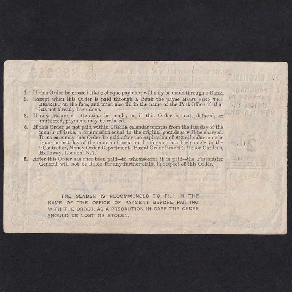 South Africa, 1/- Pence Postal Order, 1934, KGV, no. B23 858415, VF