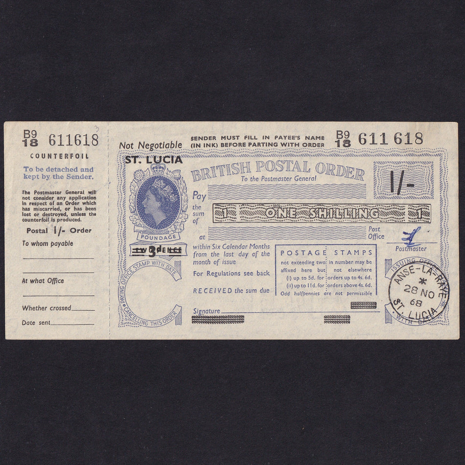 St Lucia, 1/- Postal Order, 1968, QEII, B918 611 618, Good EF