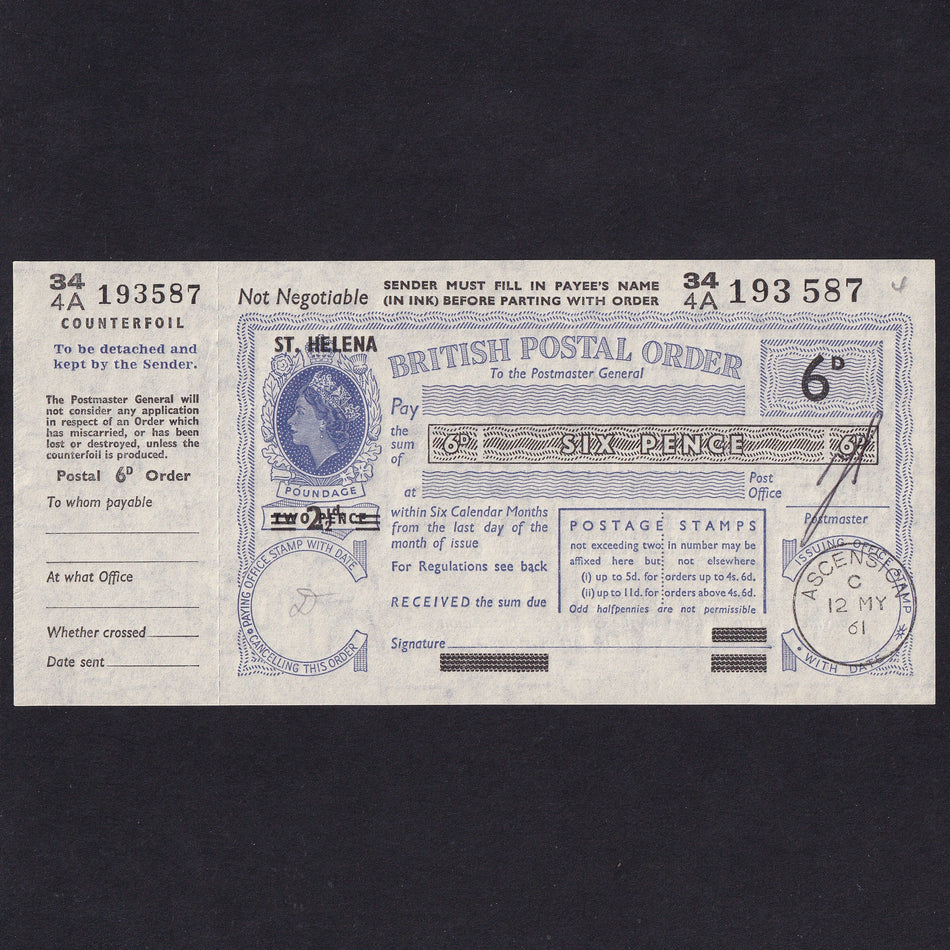 St Helena, 6 Pence Postal Order, 1961, QEII, 344A 193 587, Good EF