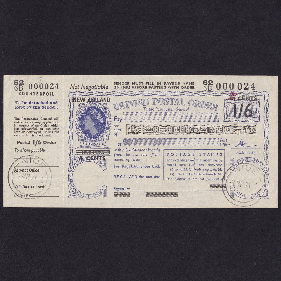 New Zealand, 1/6d Postal Order, 1971, 626B 000 0024, QEII, Good EF