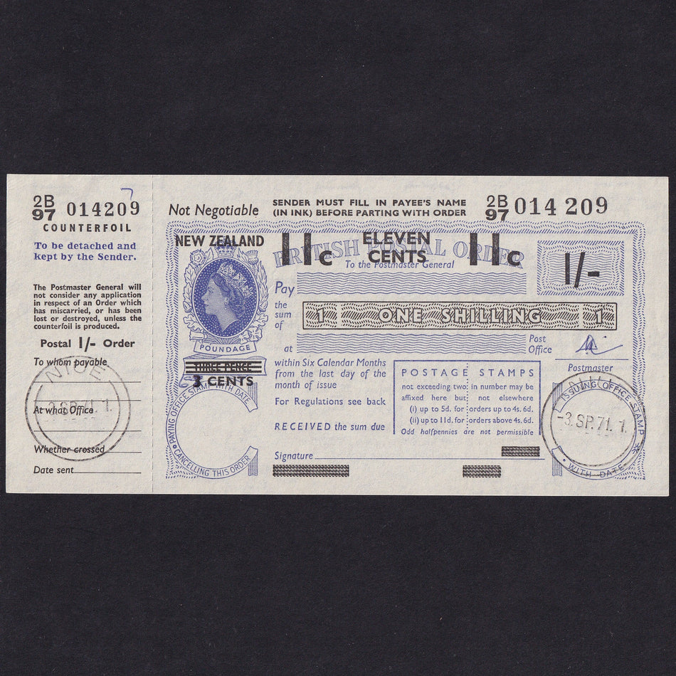 New Zealand, 1/- Postal Order, 1971, QEII, 2B97 014 209, Good EF