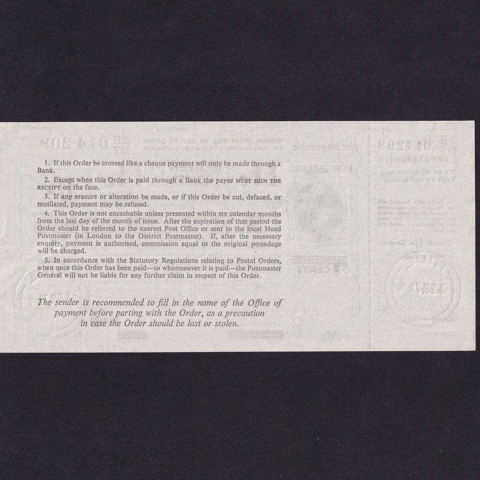New Zealand, 1/- Postal Order, 1971, QEII, 2B97 014 209, Good EF