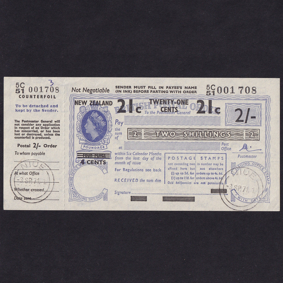 New Zealand, 2/- Postal Order, 1971, QEII, 5C51 001 708, Good EF