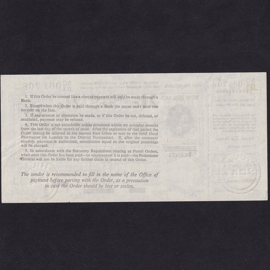 New Zealand, 2/- Postal Order, 1971, QEII, 5C51 001 708, Good EF