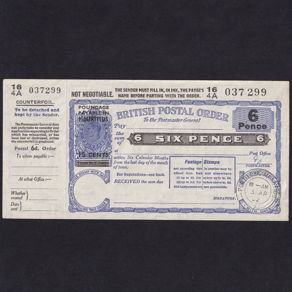 Mauritius, 6 Pence Postal Order, 1962, KGVI, 64A 037299, ER watermark, Good EF