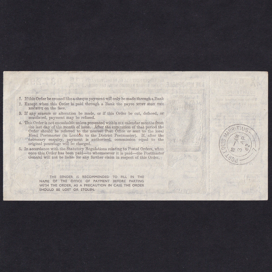 Mauritius, 6 Pence Postal Order, 1962, KGVI, 64A 037299, ER watermark, Good EF