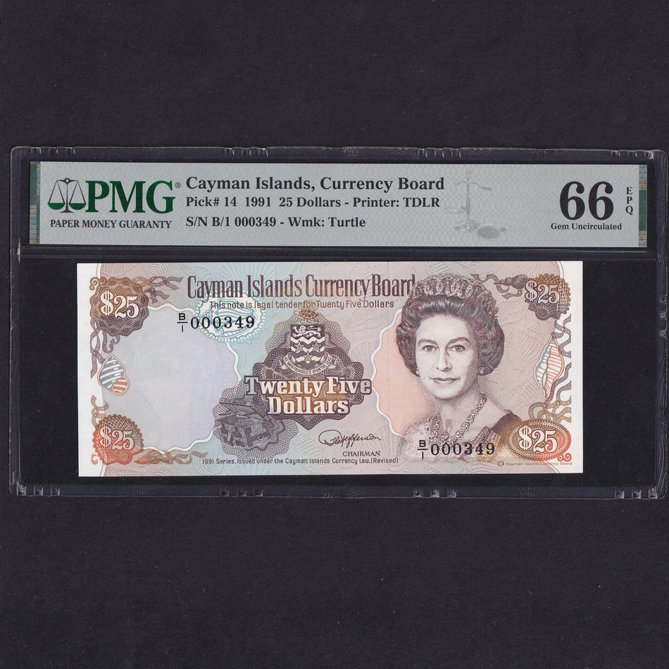 Cayman Islands (P14) $25, 1991, B/1 000349, QEII, PMG66, UNC