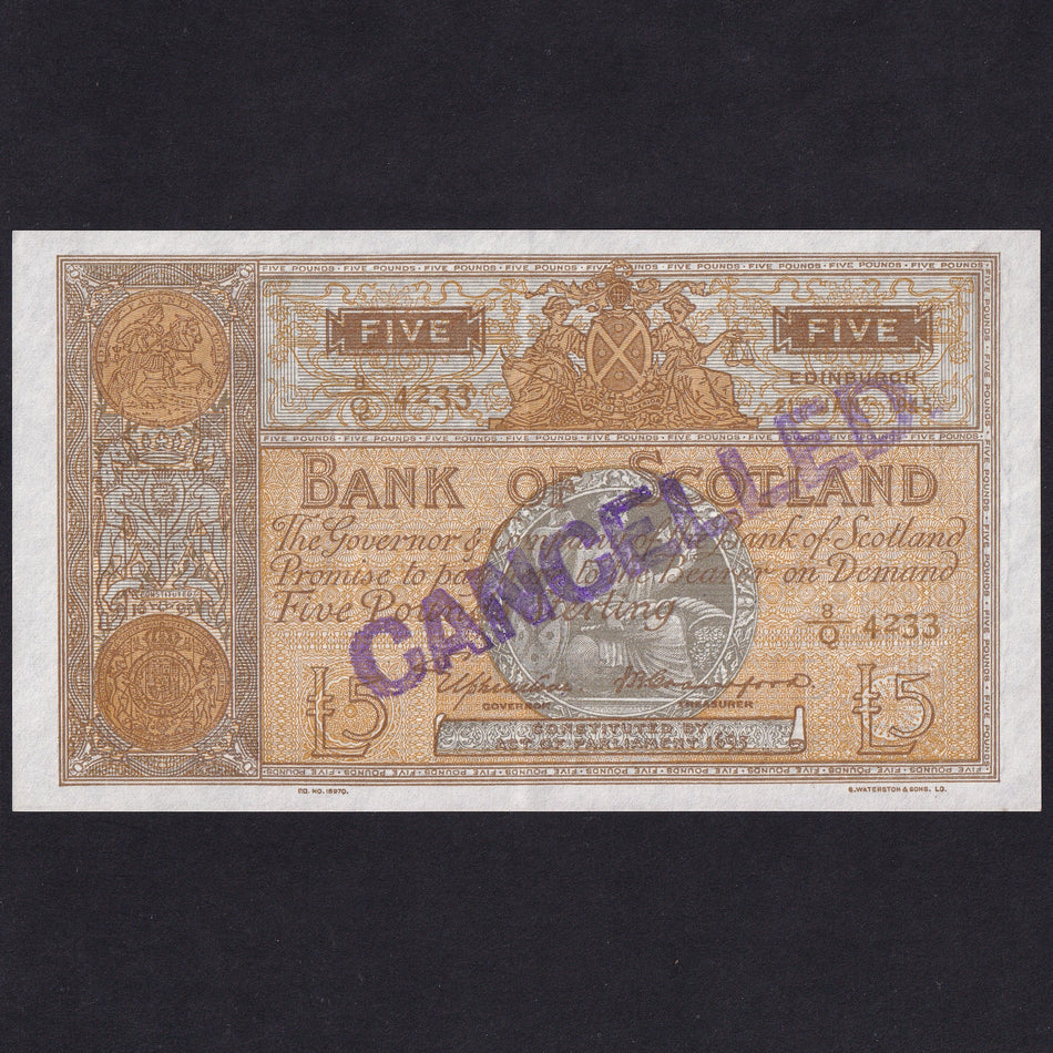 Scotland, Bank of Scotland, £5 Calister essay, cancelled, 21 January 1945, 8/Q 4233, reverse light grey colour never issued, BA102c, UNC