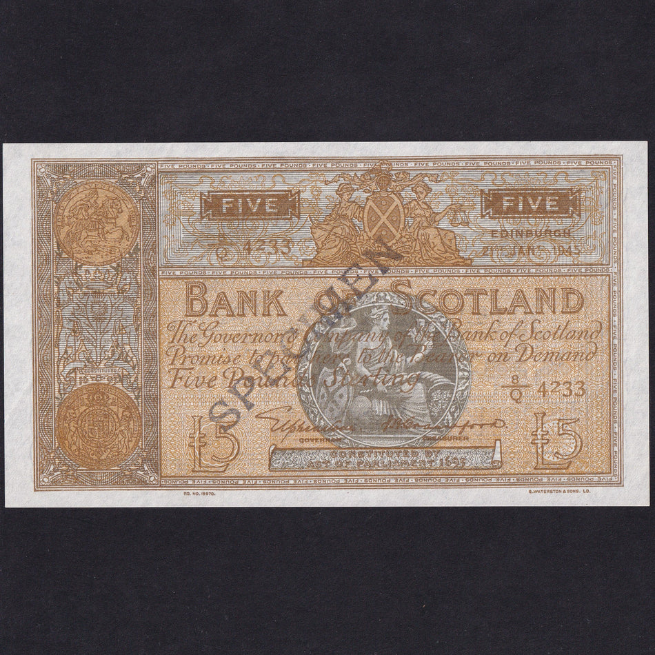 Scotland, Bank of Scotland, £5 Calister essay, 21st January 1945, 8/Q 4233, cancelled, reverse dark grey colour, never issued, BA102b, UNC