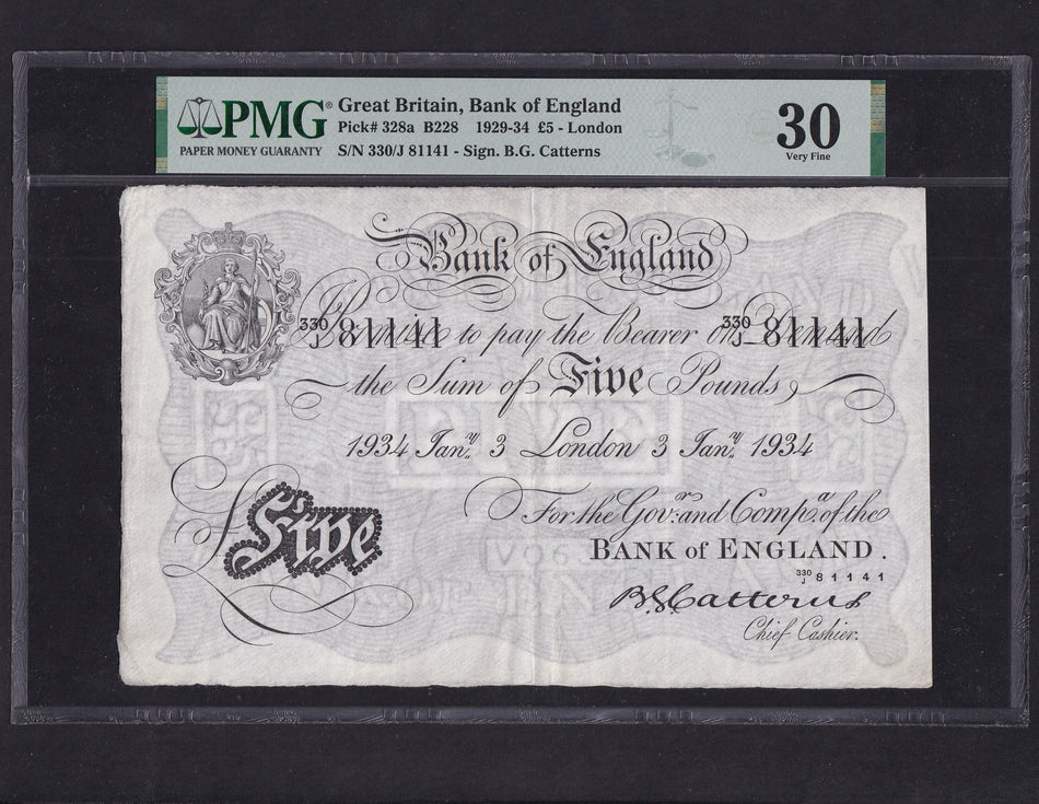 Bank of England (B228) Catterns, £5, 3 January 1934, 330J 81141, PMG30, VF