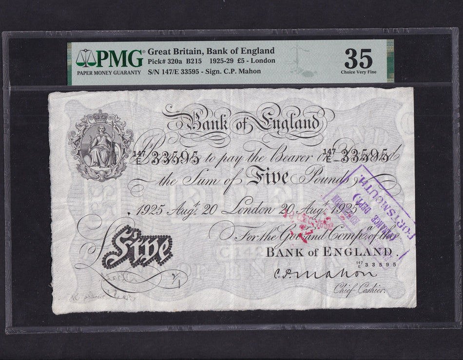 Bank of England (B215) Mahon, £5, 20 August 1925, 147E 33595, staple hole, handstamps PMG35, VF