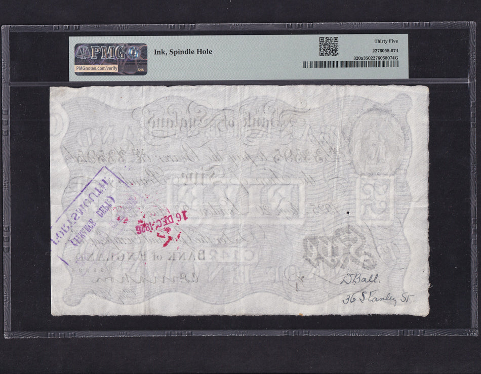 Bank of England (B215) Mahon, £5, 20 August 1925, 147E 33595, staple hole, handstamps PMG35, VF