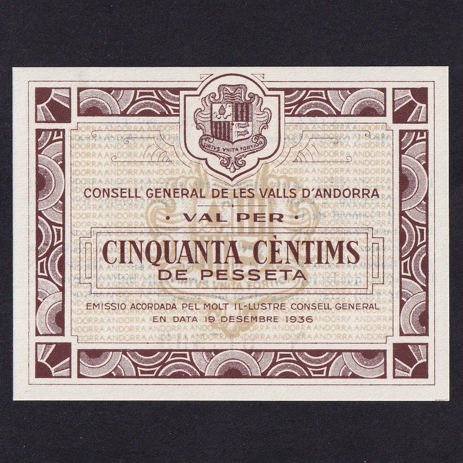 Andorra (P5) 50 Centimes, 1936, no.017499, UNC