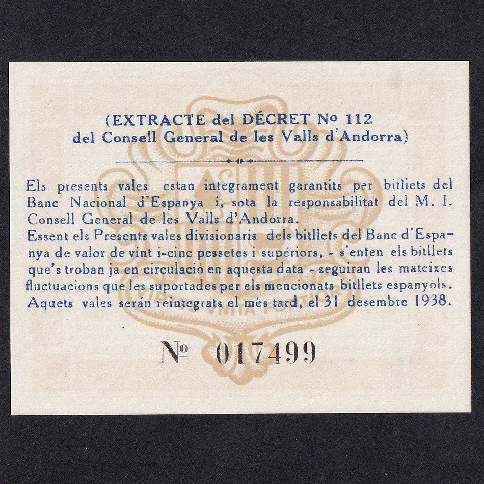 Andorra (P5) 50 Centimes, 1936, no.017499, UNC