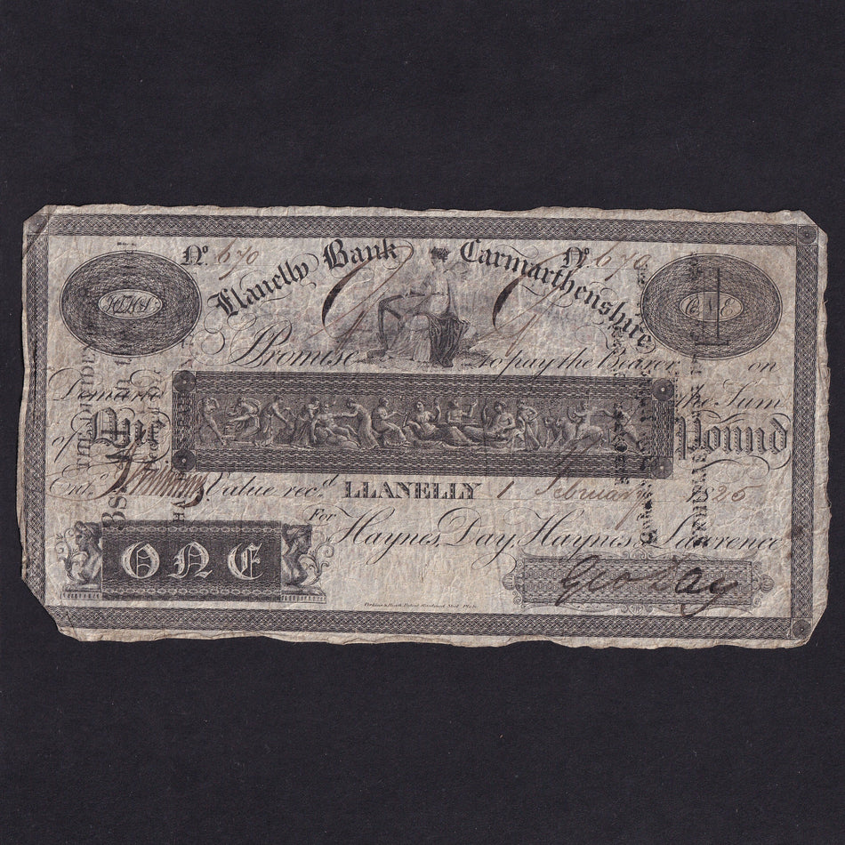 Provincial - Llanelly Bank Carmarthenshire, £1, 1825, for Haynes, Day etc., Outing 1266b, signed Geo Day, note 670, pinholes, VG