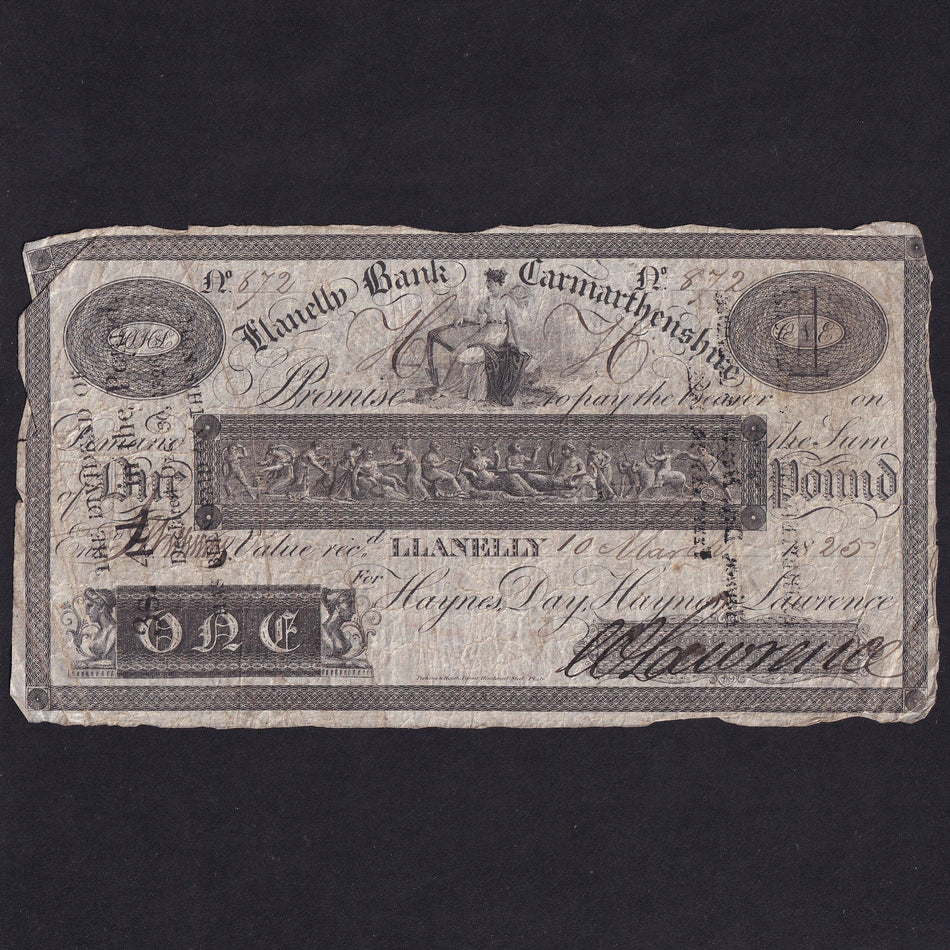 Provincial - Llanelly Bank Carmarthenshire, £1, 1825, for Haynes, Day etc., Outing 1266b, signed Lawrence, note 872, pinholes, VG