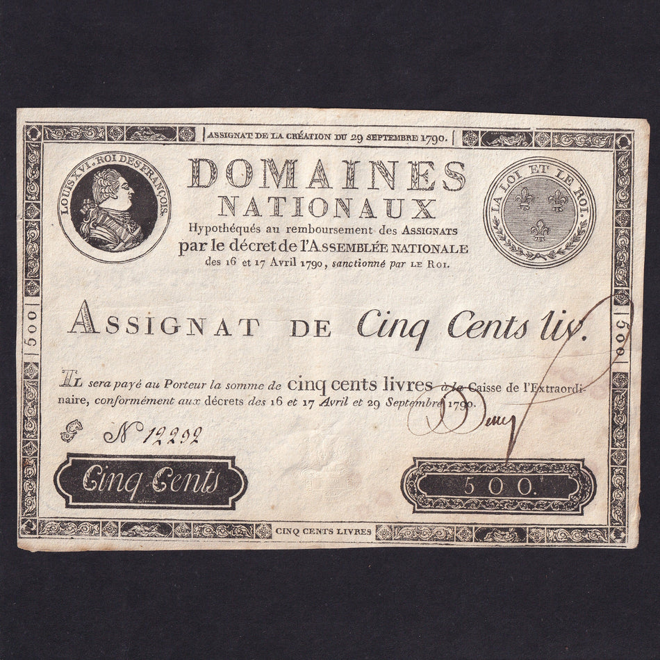 France, 500 Livres, 29 September 1790, King Louis XVI, no.12203, rust, A/VF