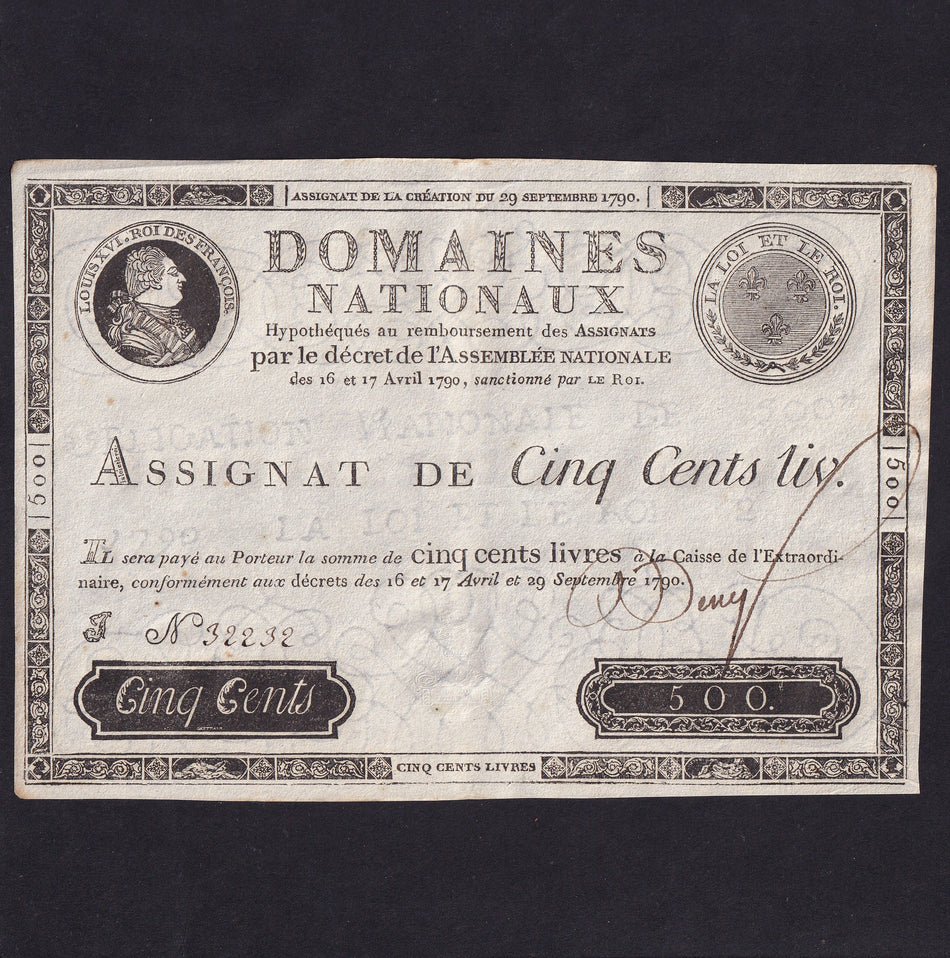 France (Assignats, PA40) 500 Livres, 29 September 1790, King Louis XVI, no.32232, rust, Good VF