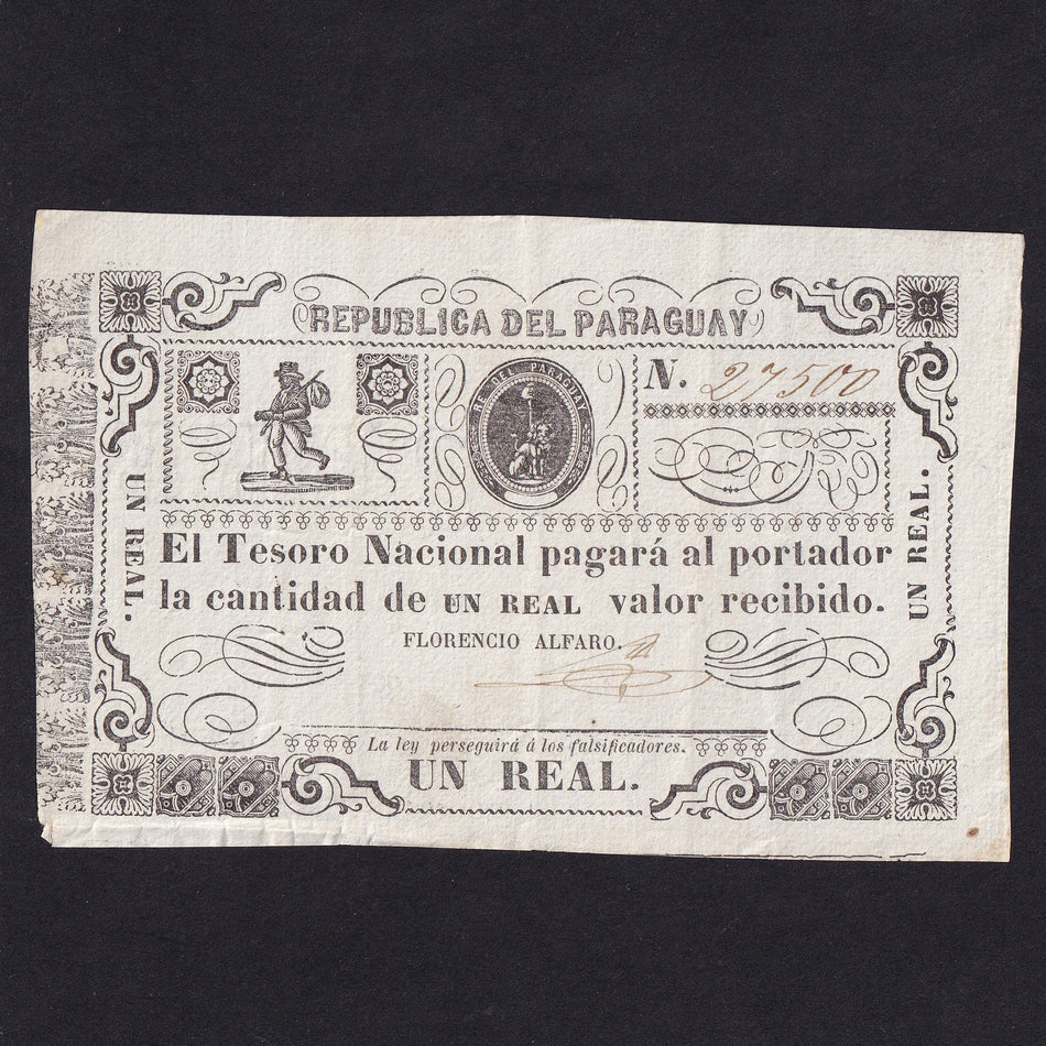 Paraguay (P18) 1 Real, 1865, no.27500, Good VF