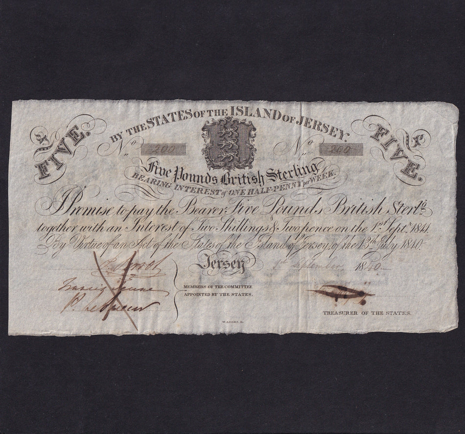 Jersey (PA1b) £5, 1840, no.200, ink cancelled, EF