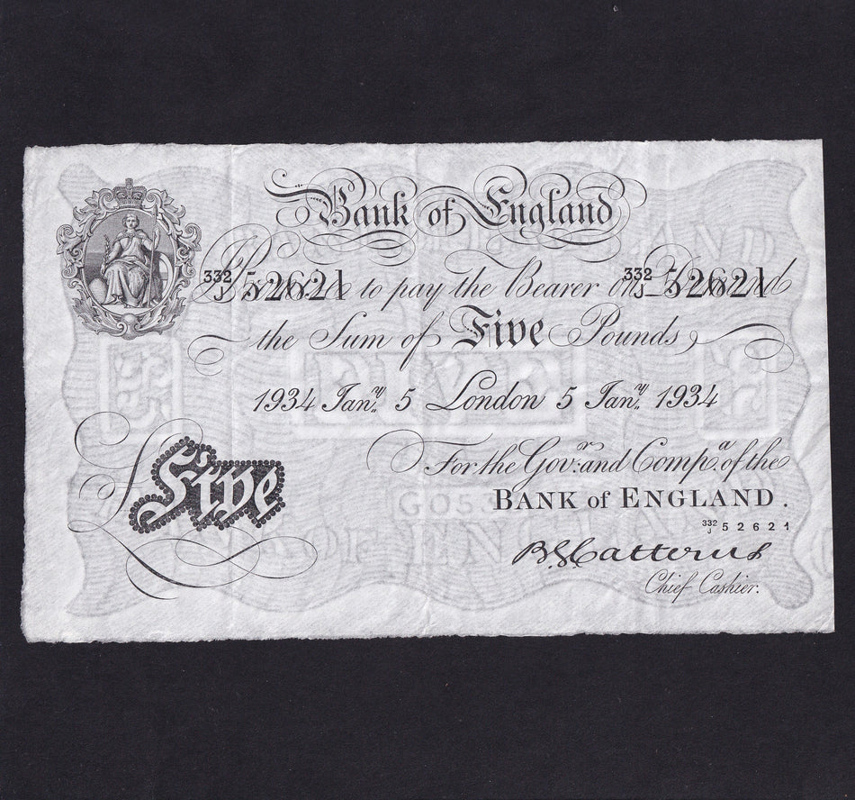 Bank of England (B328) Catterns, £5, 5 January 1934, 332J 52621, only issued for 24 different dates for 1934, scarce, Good VF