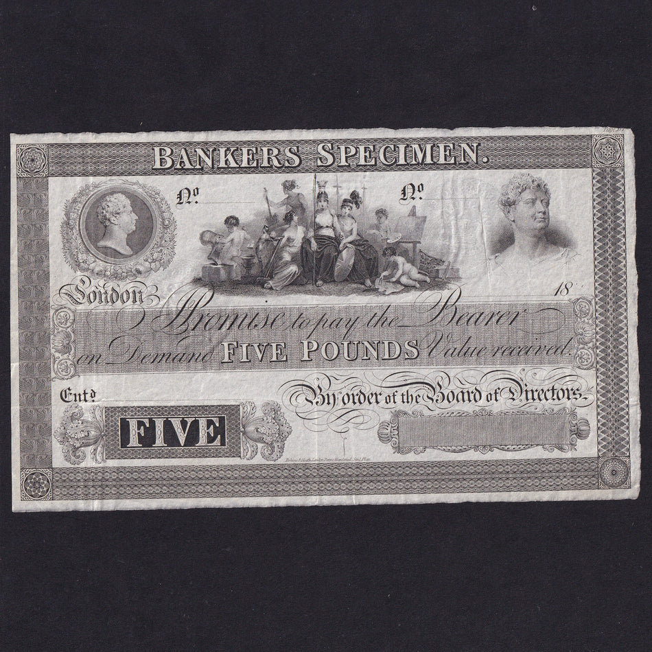 Bankers Specimen, Five Pounds, 18xx, Perkins Heath, George IV, VF