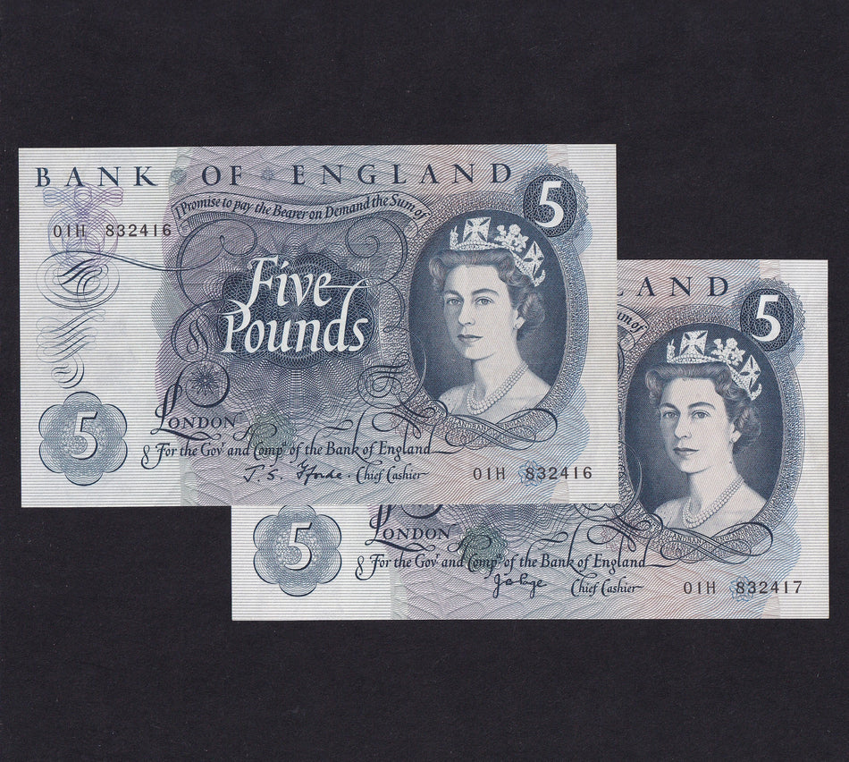 Bank of England (B314p) Fforde £5 01H 832416 & Page £5 01H 832417, signature sequence pair, EF