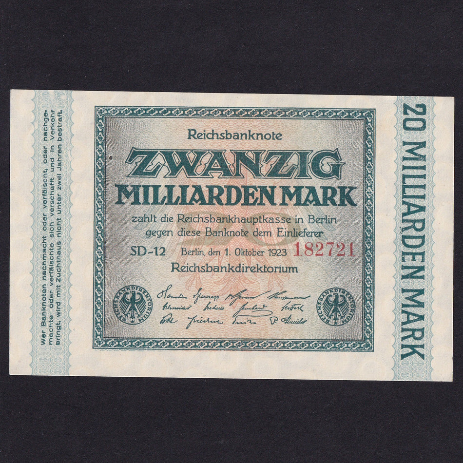 Germany (P118c) 20 Milliarden Mark, 1923, small circles watermark, Good EF