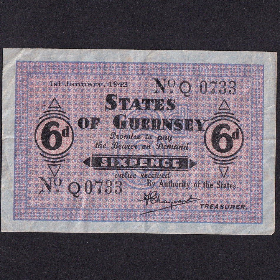 Guernsey (P24) 6d, 1st January 1942, Q0733, French blue paper, rust, A/VF