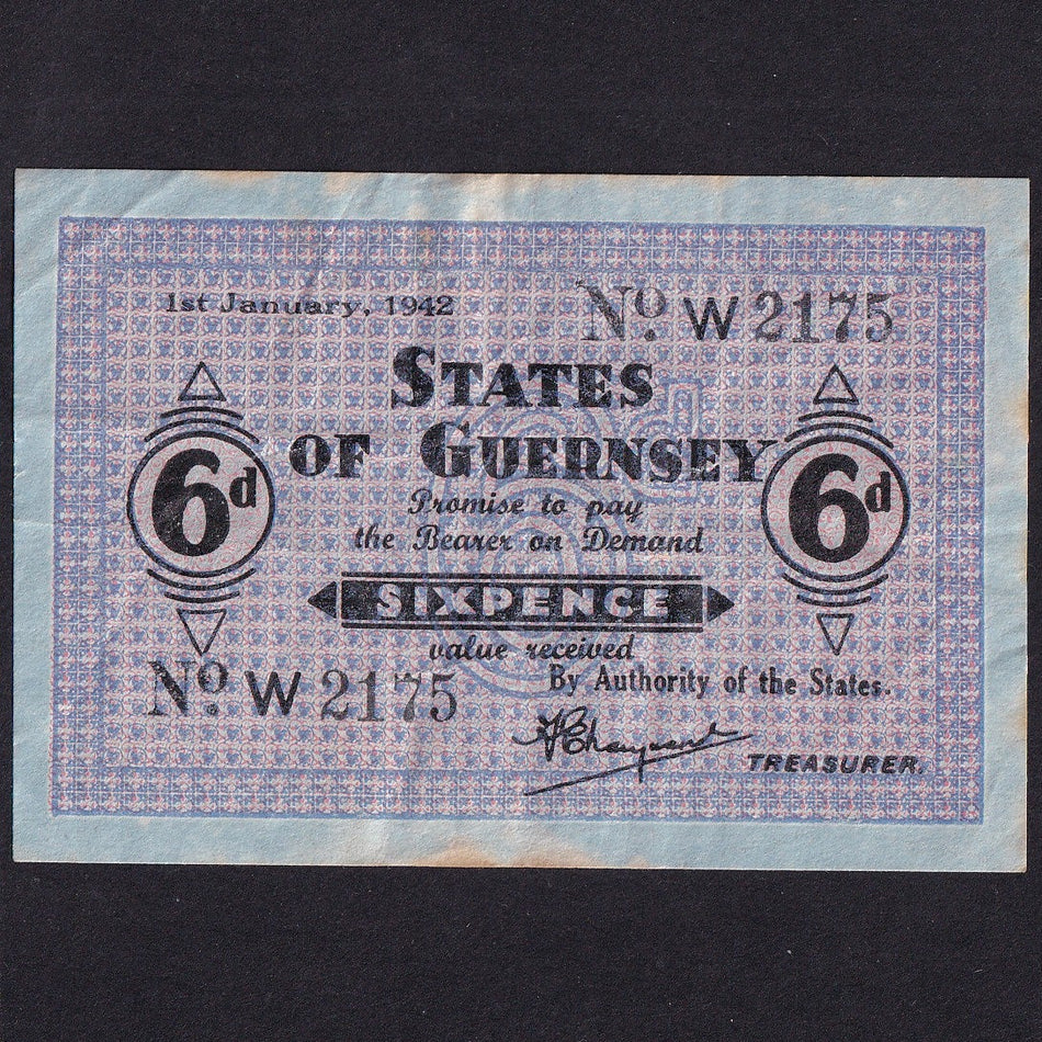 Guernsey (P24) 6d, 1st January 1942, W2175, French blue paper, rust, A/VF