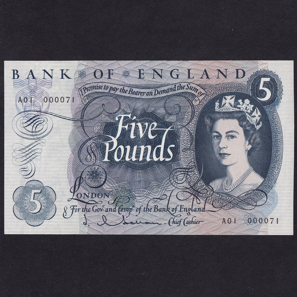 Bank of England (B297) Hollom, £5, A01 000071, low number & first million, UNC