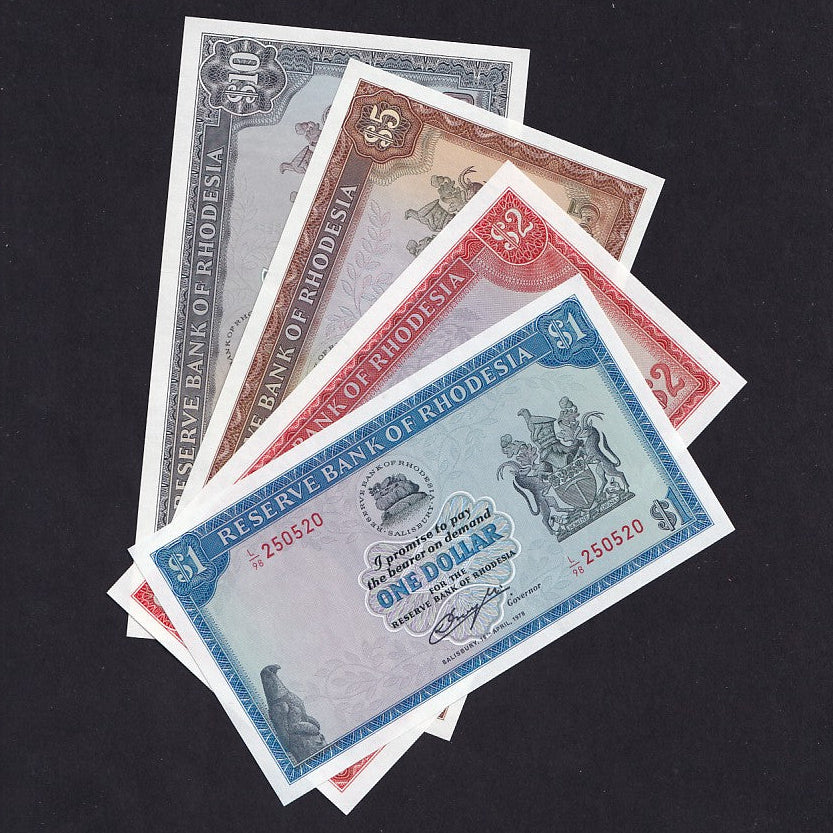 Rhodesia (P34c, 35c, 36a & 33i) $1 - $10type set, Rhodes watermark, UNC