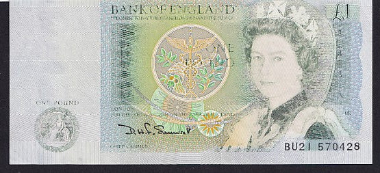 Bank of England (B341) Somerset, £1 error, smudged print, BU21 570428, A/UNC