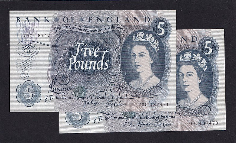 Bank of England (B314p) Fforde £5 70C 187470 & Page £5 70C 187471, UNC
