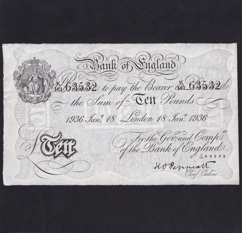 Bank of England (B242) Peppiatt, £10, 18 January 1936, K161 63532, serial number indents on reverse, Good VF