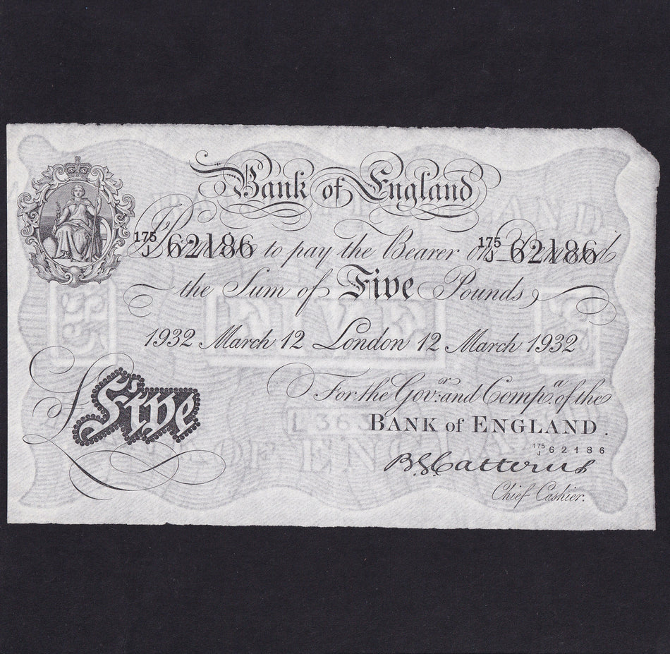 Bank of England (B228) Catterns, £5, 12 March 1932, 175J 62186, pressed, Good VF