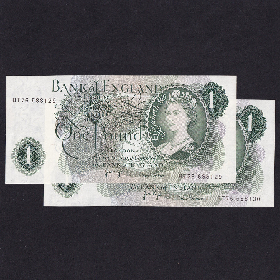 Bank of England (B322) Page, £1 mismatched serials error pair in sequence, BT76 588129/688129 588130/688130, UNC