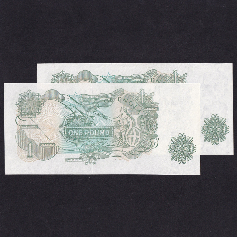 Bank of England (B322) Page, £1 mismatched serials error pair in sequence, BT76 588129/688129 588130/688130, UNC