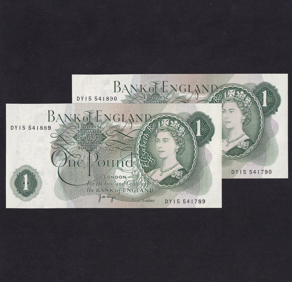 Bank of England (B322) Page, £1 mismatched serials error pair in sequence, DY15 541890/541790 & 541889/541789, UNC