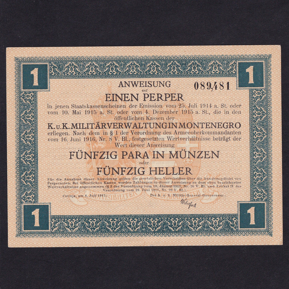 Montenegro (PM148) 1 Perper, 1917, Army Administration, UNC