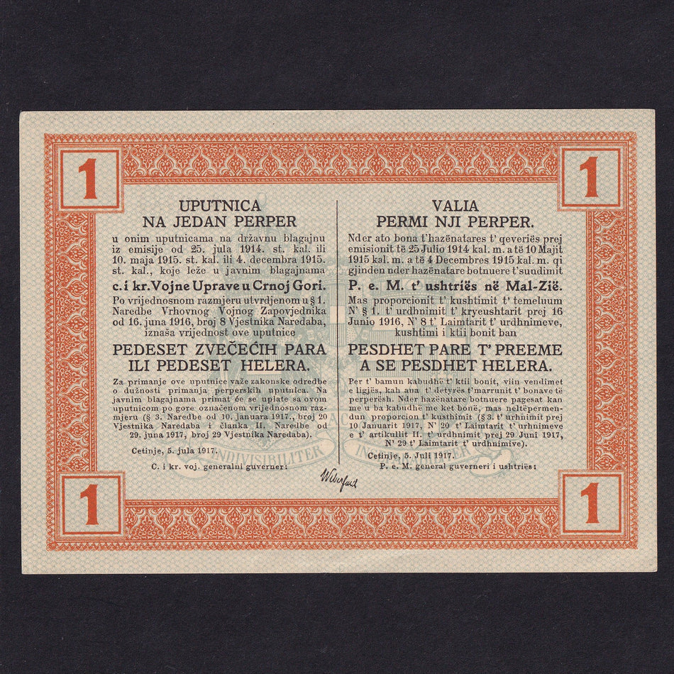 Montenegro (PM148) 1 Perper, 1917, Army Administration, UNC