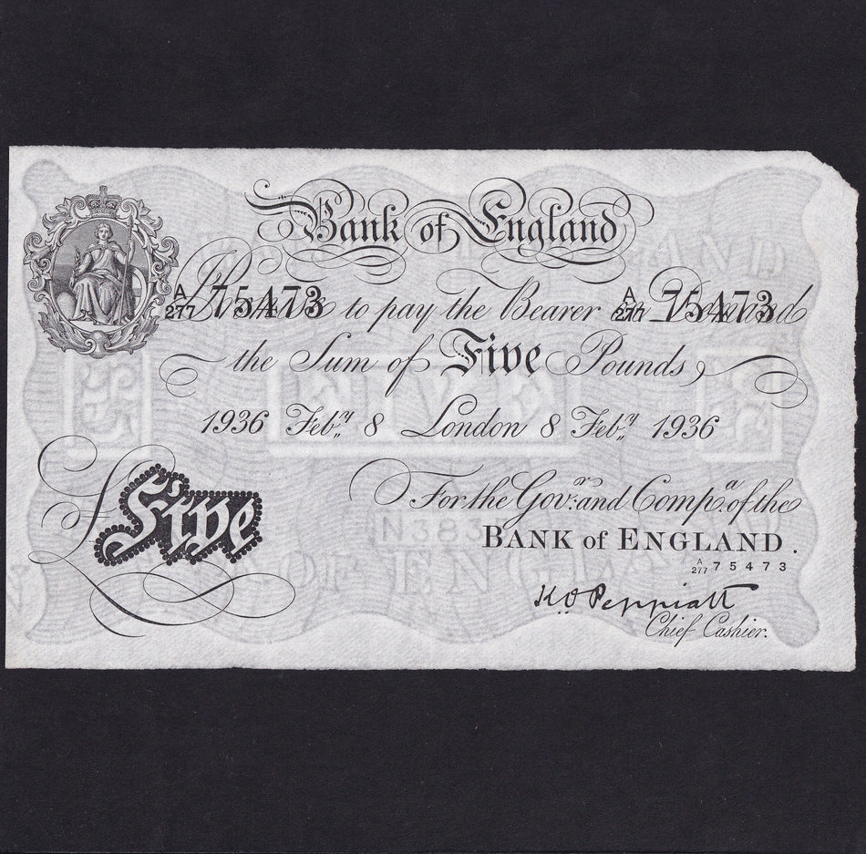 Bank of England (B241) Peppiatt, £5, 8 February 1936, A/277 75473, pressed, Good VF