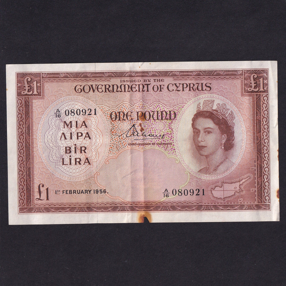 Cyprus (P35a) £1, 1956, QEII, A/16 080921, rust holes, Good VF
