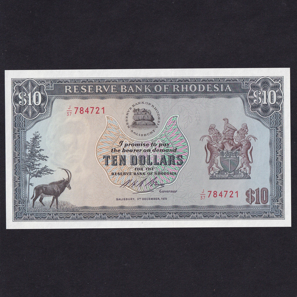 Rhodesia (P33i) $10, 3rd December 1975, Rhodes watermark, last date, UNC